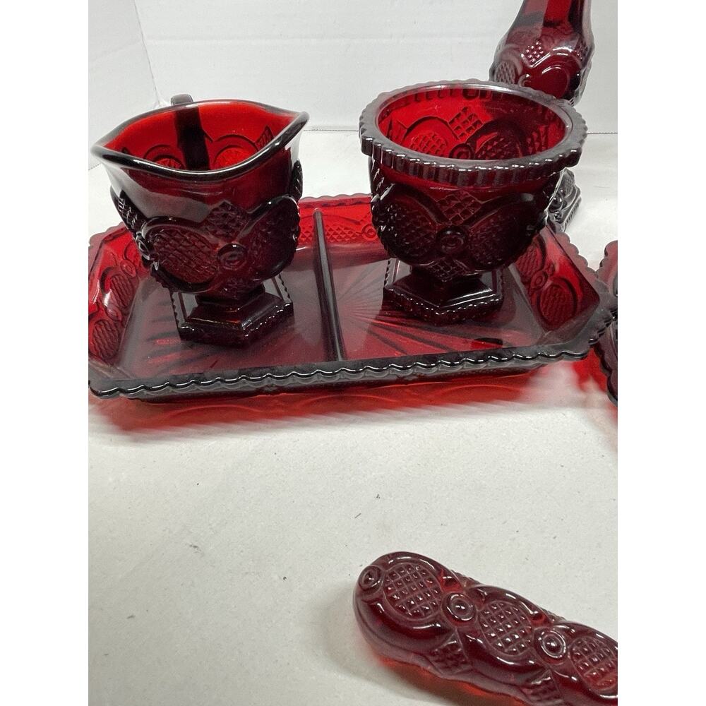 Avon Dark Red Embossed Glassware Set Plates Cups Candle Holder Pie Server - Picture 3 of 8